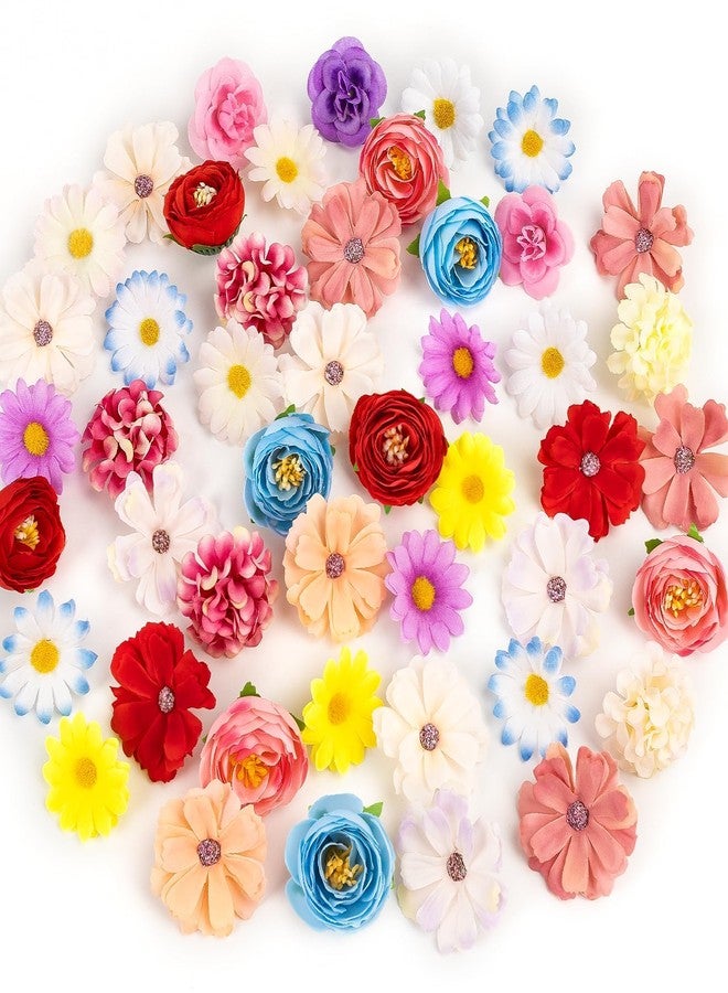 ATTGREAT Fake Flower Heads Small Silk Flower Bulk Mini Artificial Daisy Roses Buds 3D Faux Floral Accessories for Crafts DIY Hair Cake Wedding Party Home Decoration (Bright Colors Mixed) - Image 1