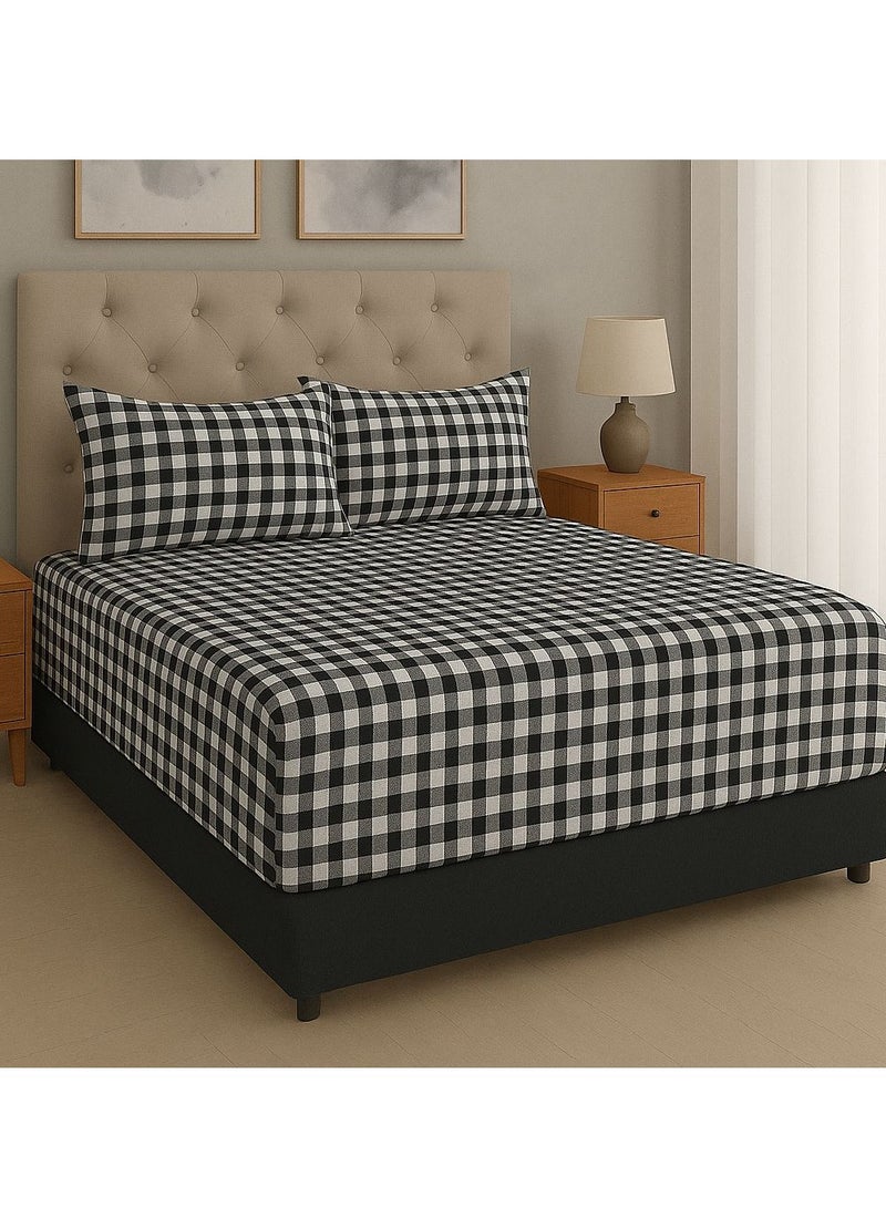 Yarlin-Bed Set (Fitted Bedsheet for 160 cm beds and 2 Small Pillowcases (Black Cheks) Design