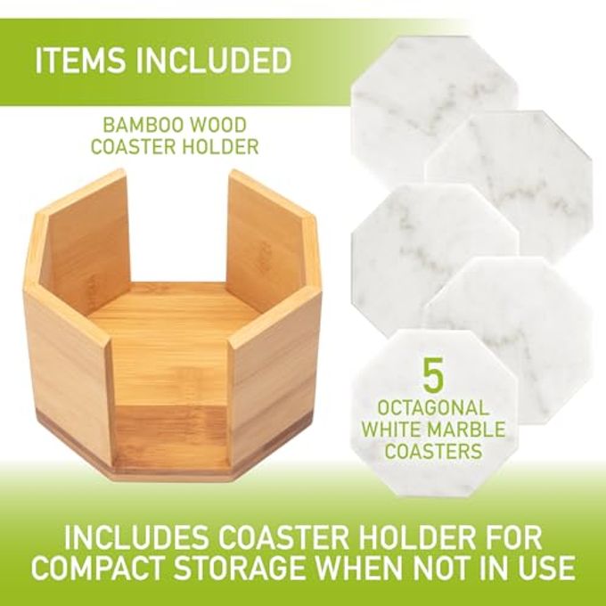 DECO White Carrara Marble Coasters (Set of 5)Durable, Thick Coasters w Coaster Holder for Easy Storage Protects Any Table Type & Fits Any Mug, Drinking Glass, BarwareGreat Housewarming & Wedding Gift - Image 2