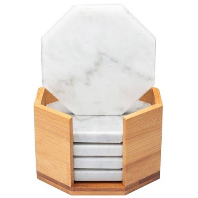 DECO White Carrara Marble Coasters (Set of 5)Durable, Thick Coasters w Coaster Holder for Easy Storage Protects Any Table Type & Fits Any Mug, Drinking Glass, BarwareGreat Housewarming & Wedding Gift - Image 1
