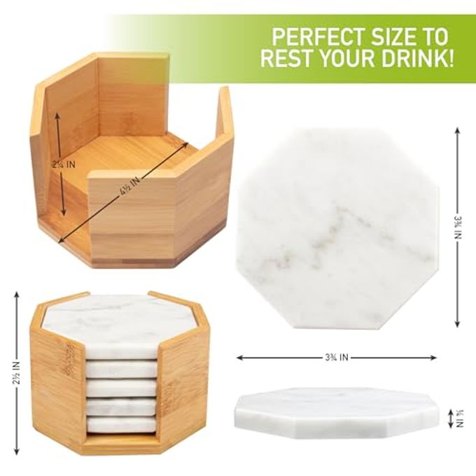 DECO White Carrara Marble Coasters (Set of 5)Durable, Thick Coasters w Coaster Holder for Easy Storage Protects Any Table Type & Fits Any Mug, Drinking Glass, BarwareGreat Housewarming & Wedding Gift - Image 3