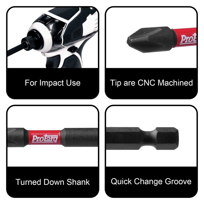 Protorq Long Impact Bit Set W/clip, 2 Phillips, 2 Square, T25 TORX, 6-Inch Length, 6-Piece,Industrial Strength, 1/4" Hex Shank - Image 4