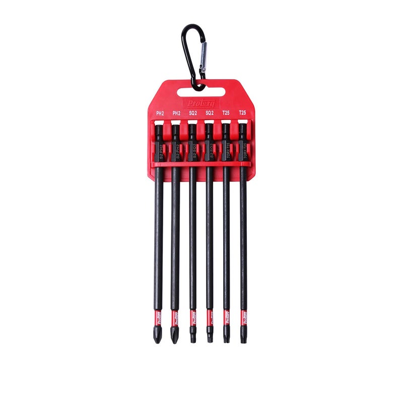 Protorq Long Impact Bit Set W/clip, 2 Phillips, 2 Square, T25 TORX, 6-Inch Length, 6-Piece,Industrial Strength, 1/4" Hex Shank - Image 1