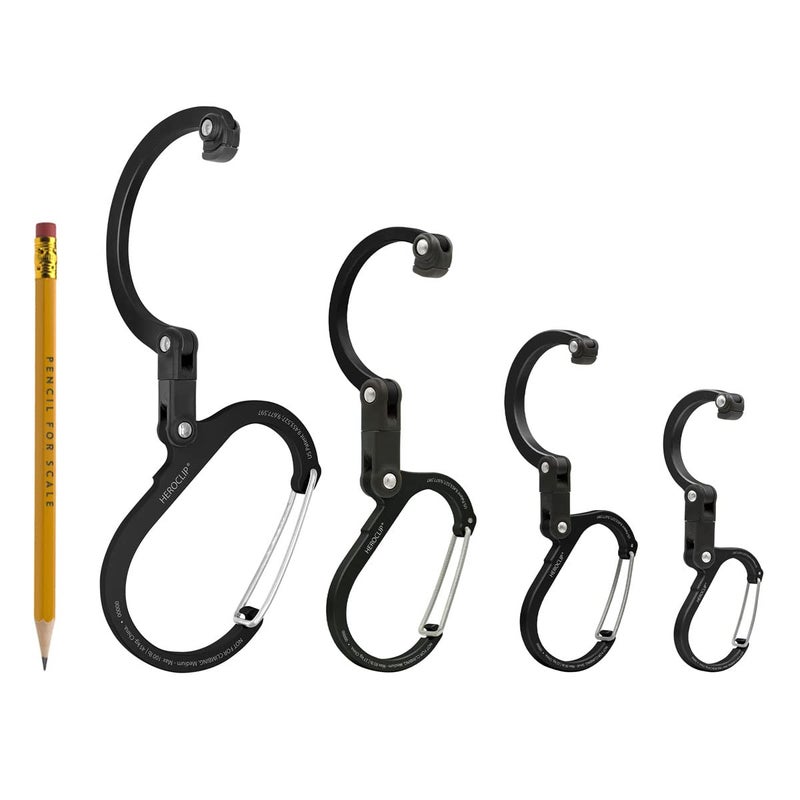 GEAR AID HEROCLIP Carabiner Gear Clip and Hook (Large, Medium, Small, Mini) for Camping, Backpack, Suitcases, Purse and Garage Organization, Stealth Black, Variety Size 4 Pack - Image 4