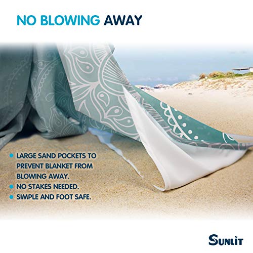 Sunlit Silky Soft 106"x81" Boho Sand Proof Beach Blanket Sand Proof Mat with Corner Pockets and Mesh Bag for Beach Party, Travel, Camping and Outdoor Music Festival, Tiffany Green Mandala - Image 4