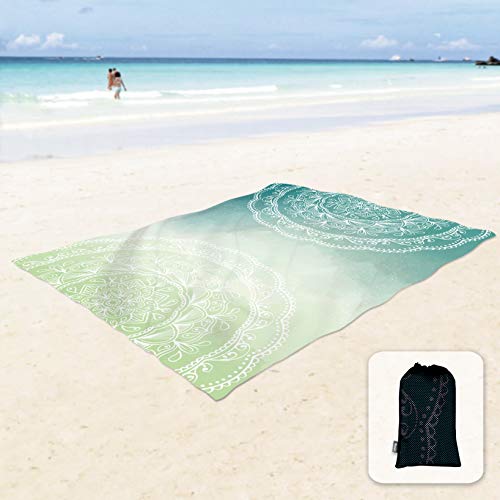 Sunlit Silky Soft 106"x81" Boho Sand Proof Beach Blanket Sand Proof Mat with Corner Pockets and Mesh Bag for Beach Party, Travel, Camping and Outdoor Music Festival, Tiffany Green Mandala - Image 1
