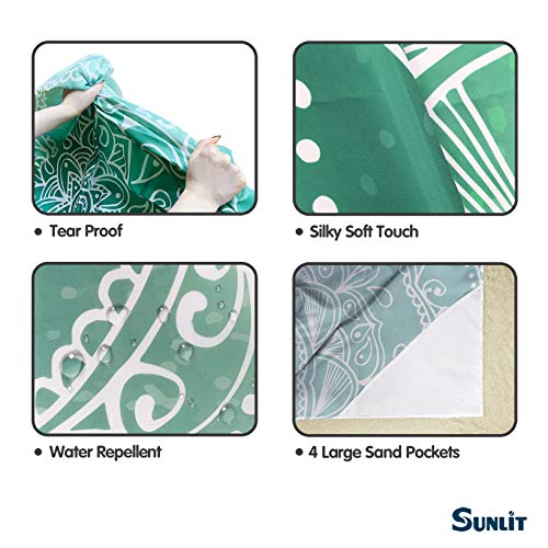 Sunlit Silky Soft 106"x81" Boho Sand Proof Beach Blanket Sand Proof Mat with Corner Pockets and Mesh Bag for Beach Party, Travel, Camping and Outdoor Music Festival, Tiffany Green Mandala - Image 5