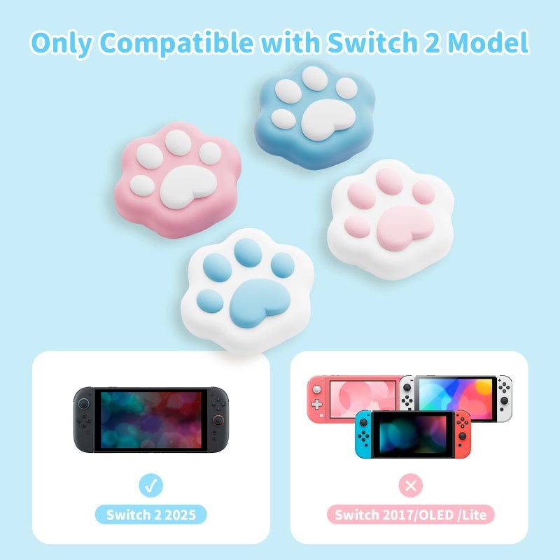 GeekShare Cat Paw Joystick Caps Compatible with Nintendo Switch 2, Anti-Slip Silicone Thumb Grip Caps for Switch 2025, Pink & Blue, 4pcs - Image 2