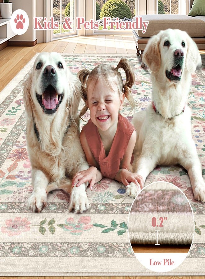 Deerly Floral Area Rugs 5x7 Vintage Boho Washable Non-Slip Living Room Carpet Soft Low Pile Thin Bedroom Floor Mat Indoor for Dining Room Playroom Nursery Farmhouse, Beige/Light Pink/Multi - Image 4
