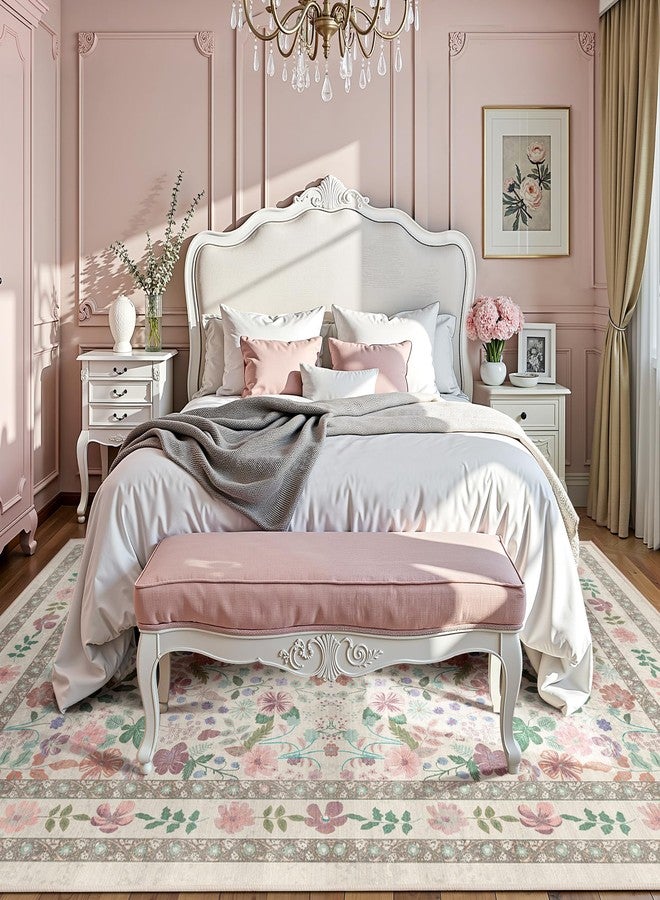Deerly Floral Area Rugs 5x7 Vintage Boho Washable Non-Slip Living Room Carpet Soft Low Pile Thin Bedroom Floor Mat Indoor for Dining Room Playroom Nursery Farmhouse, Beige/Light Pink/Multi - Image 2
