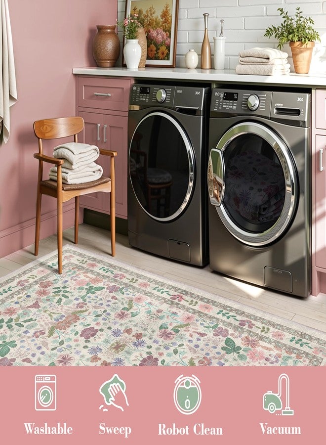 Deerly Floral Area Rugs 5x7 Vintage Boho Washable Non-Slip Living Room Carpet Soft Low Pile Thin Bedroom Floor Mat Indoor for Dining Room Playroom Nursery Farmhouse, Beige/Light Pink/Multi - Image 5