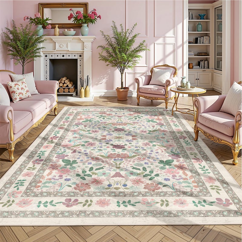 Deerly Floral Area Rugs 5x7 Vintage Boho Washable Non-Slip Living Room Carpet Soft Low Pile Thin Bedroom Floor Mat Indoor for Dining Room Playroom Nursery Farmhouse, Beige/Light Pink/Multi - Image 1