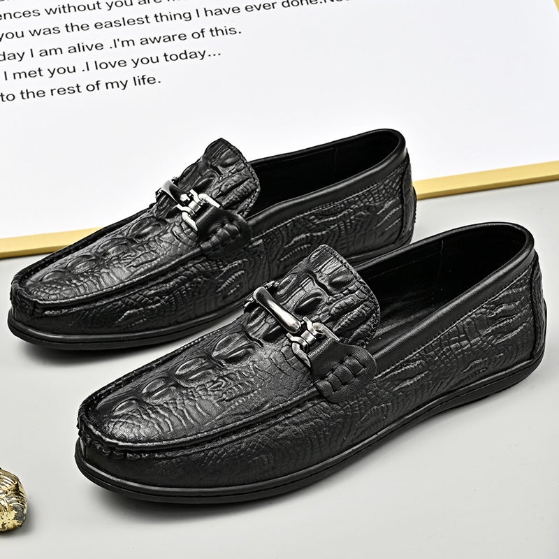 Beanie Shoes For Men, First-Layer Cowhide Slip-Ons, New K-Style, Versatile British Lazy Crocodile Pattern Casual Shoes For Men - Image 3
