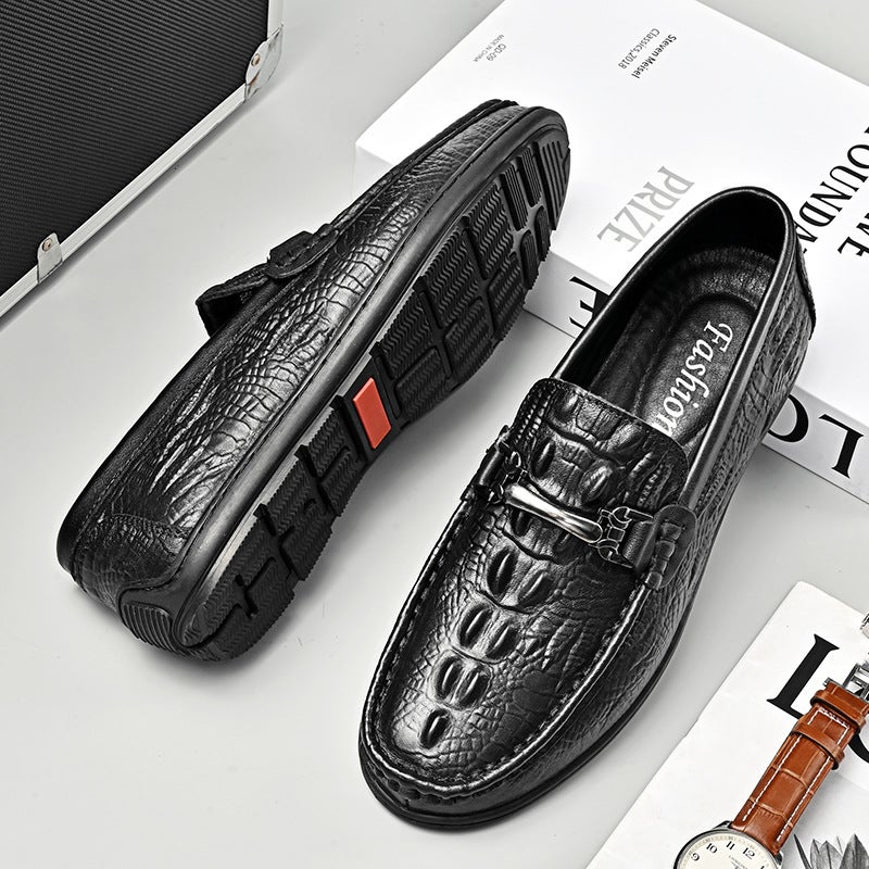 Beanie Shoes For Men, First-Layer Cowhide Slip-Ons, New K-Style, Versatile British Lazy Crocodile Pattern Casual Shoes For Men - Image 2