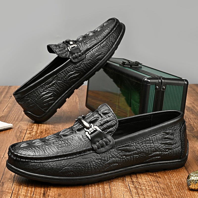 Beanie Shoes For Men, First-Layer Cowhide Slip-Ons, New K-Style, Versatile British Lazy Crocodile Pattern Casual Shoes For Men - Image 4
