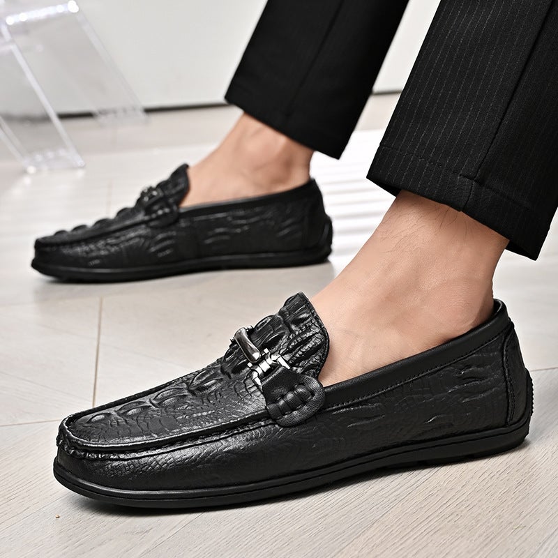 Beanie Shoes For Men, First-Layer Cowhide Slip-Ons, New K-Style, Versatile British Lazy Crocodile Pattern Casual Shoes For Men - Image 5