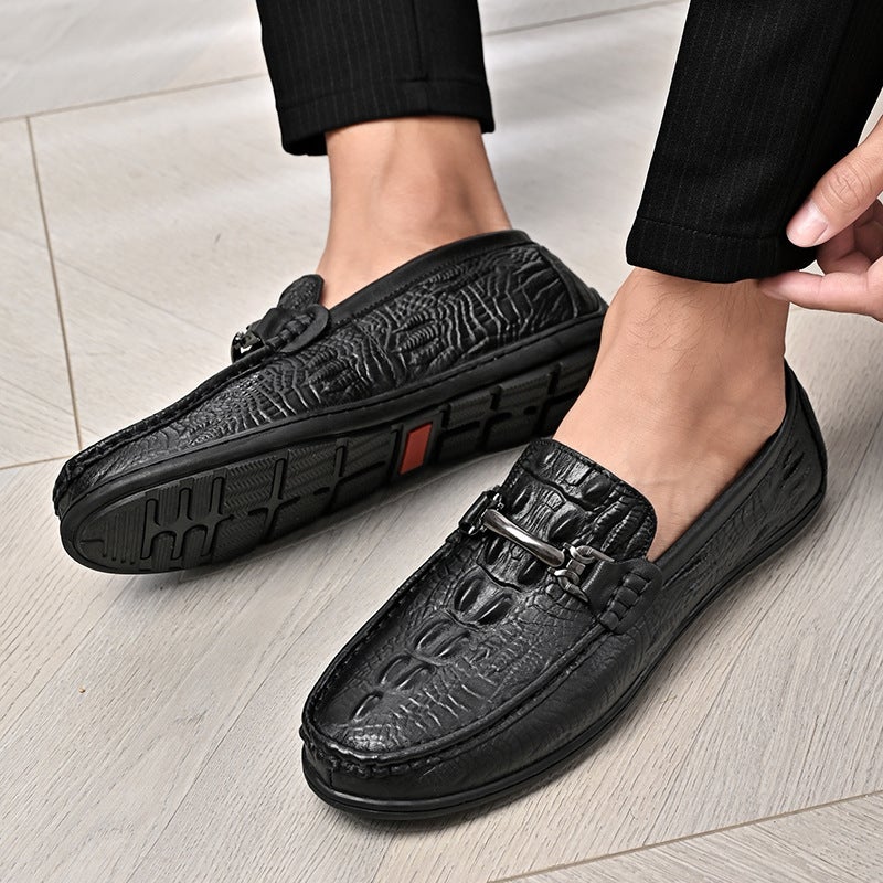 Beanie Shoes For Men, First-Layer Cowhide Slip-Ons, New K-Style, Versatile British Lazy Crocodile Pattern Casual Shoes For Men - Image 1