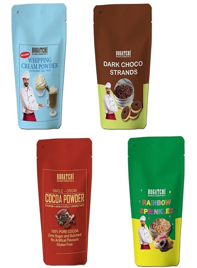 BOGATCHI Professional Cake Decoration Items Edible, Cake Decoration Items Sprinkles, Whipping Cream, Rainbow Vermicelli, Chocolate Sprinkles, Cocoa Powder Combo- 50g Each - Image 1
