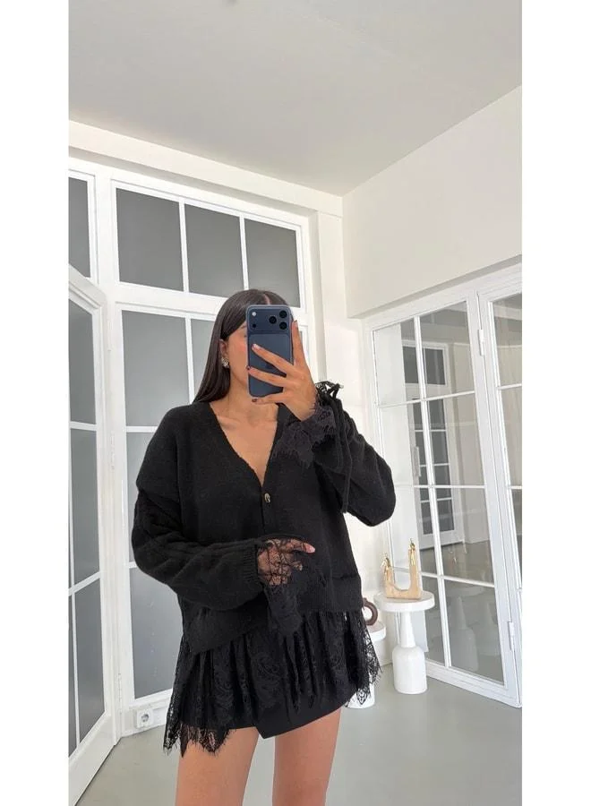Black Lace Detailed Knit Cardian GAUS-01944.