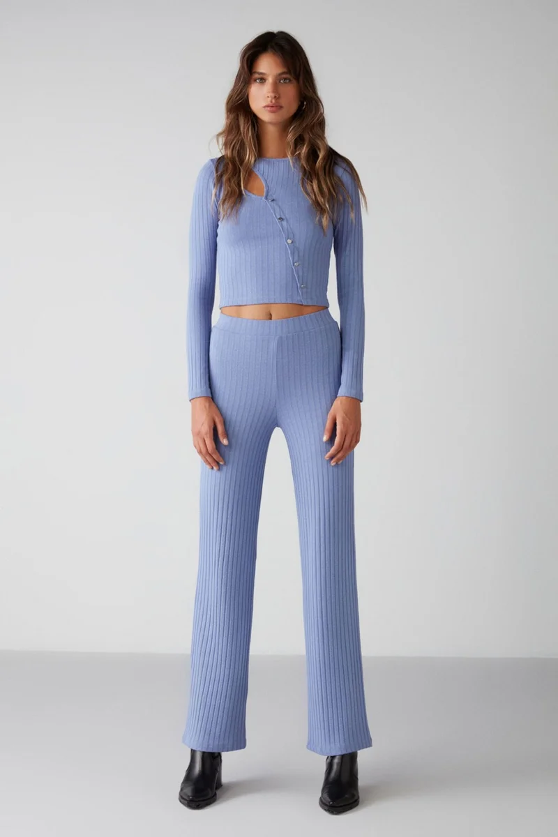 جريميلانج Violeta Women's Knitwear-Looking Fabric Silver Buttoned Corduroy Fabric Blue Blouse