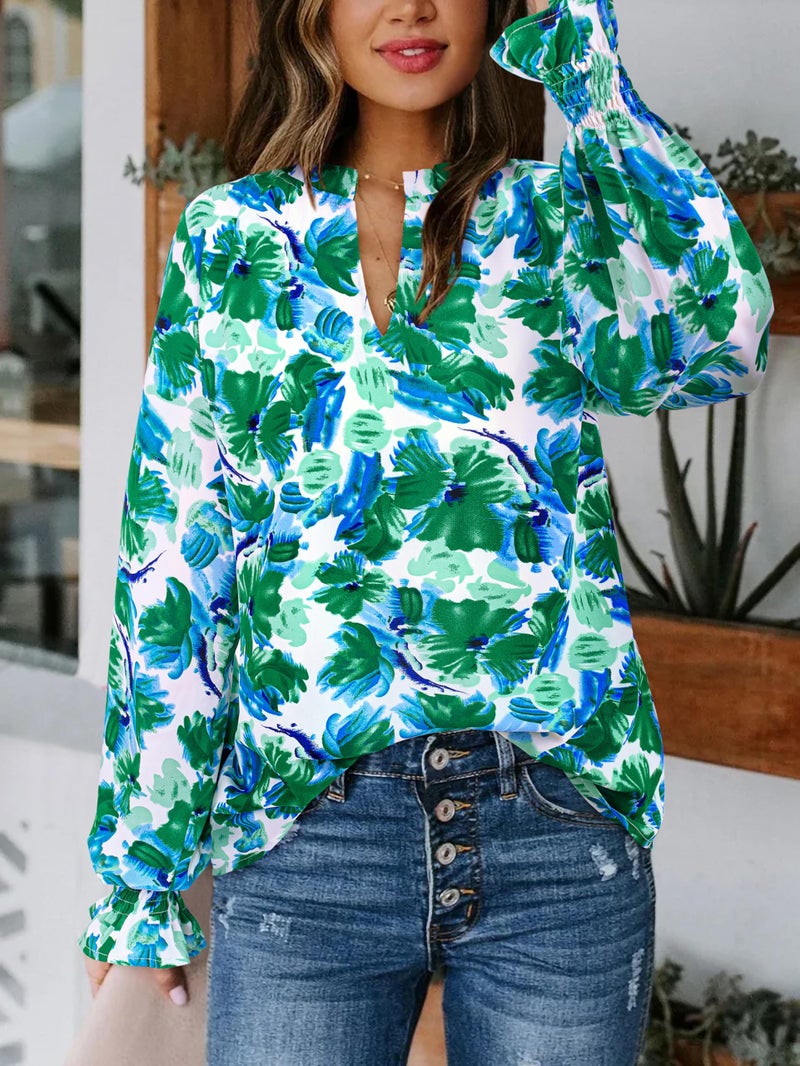 MASCOMODA Womens V Neck Floral Long Sleeve Tops 2026 Summer Casual Loose Puff Sleeve Chiffon Boho Work Blouse Dressy T Shirts(Green Floral,X-Large) - Image 2
