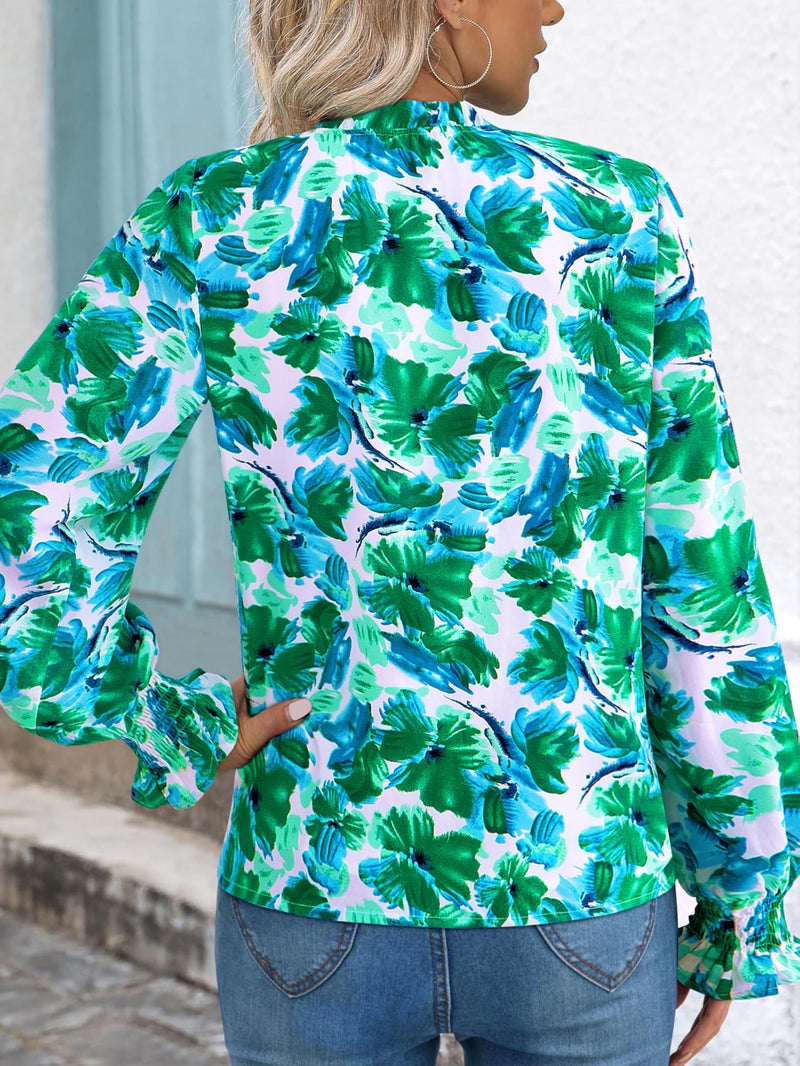 MASCOMODA Womens V Neck Floral Long Sleeve Tops 2026 Summer Casual Loose Puff Sleeve Chiffon Boho Work Blouse Dressy T Shirts(Green Floral,X-Large) - Image 3