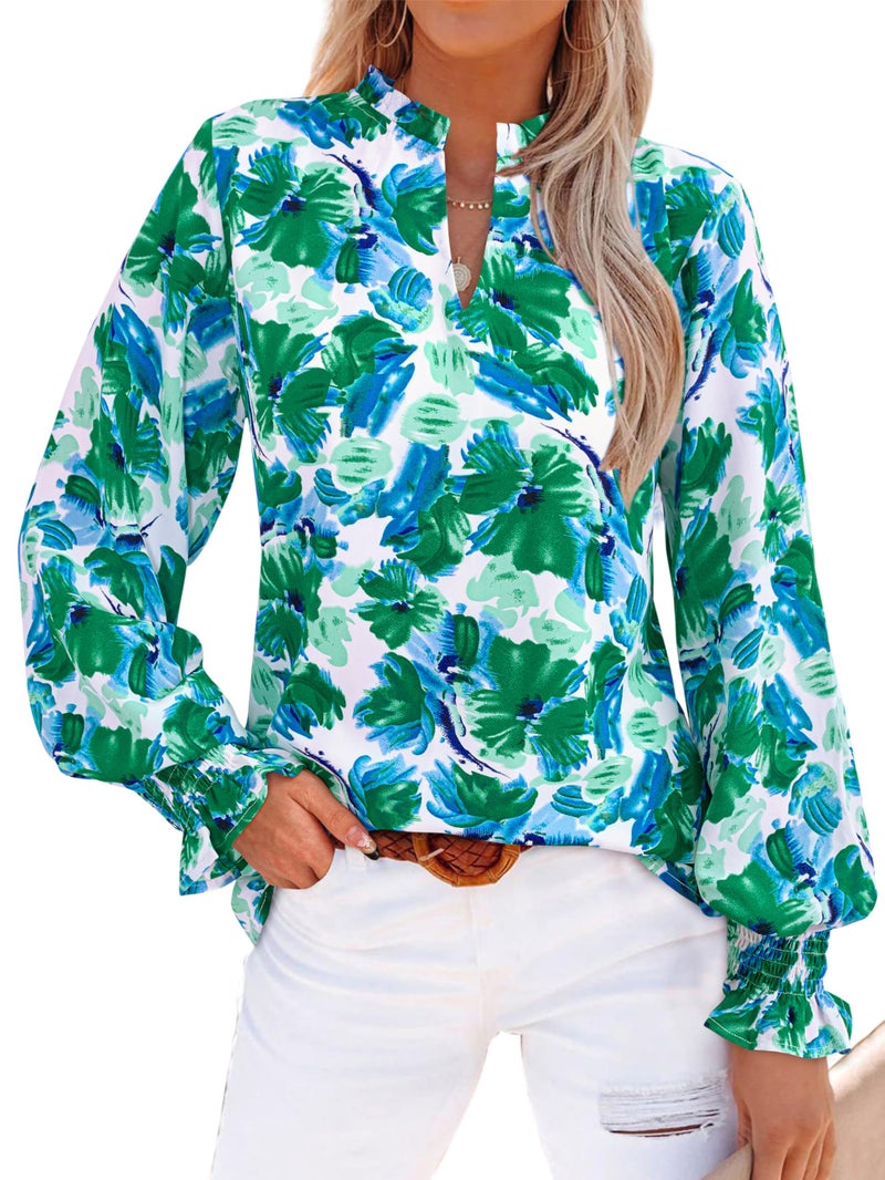 MASCOMODA Womens V Neck Floral Long Sleeve Tops 2026 Summer Casual Loose Puff Sleeve Chiffon Boho Work Blouse Dressy T Shirts(Green Floral,X-Large) - Image 1