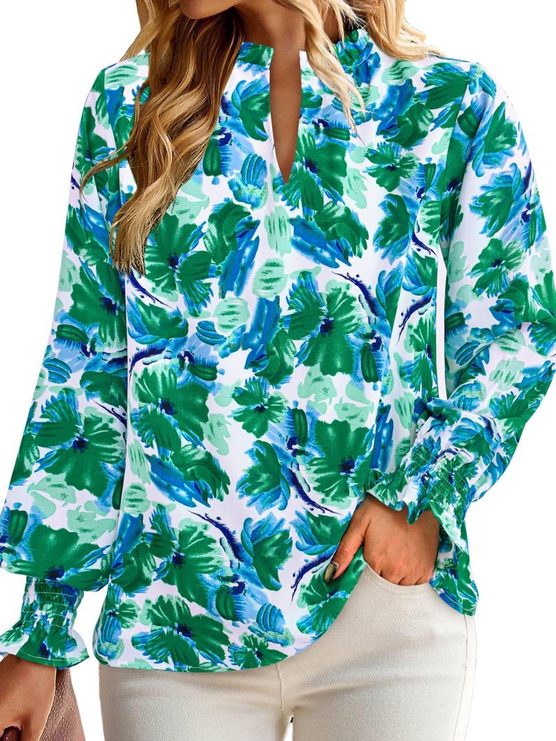 MASCOMODA Womens V Neck Floral Long Sleeve Tops 2026 Summer Casual Loose Puff Sleeve Chiffon Boho Work Blouse Dressy T Shirts(Green Floral,X-Large) - Image 5