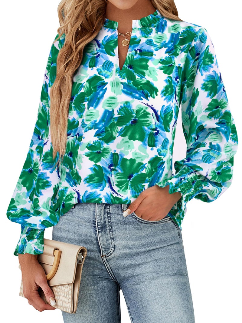 MASCOMODA Womens V Neck Floral Long Sleeve Tops 2026 Summer Casual Loose Puff Sleeve Chiffon Boho Work Blouse Dressy T Shirts(Green Floral,X-Large) - Image 4