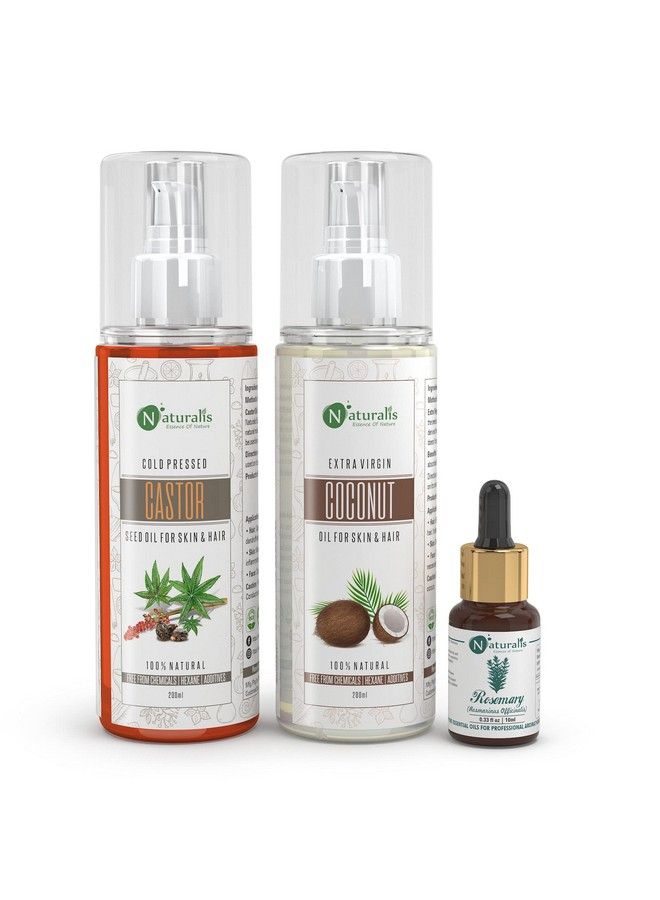Naturalis Essence Of Nature Trio Of Castor/Coconut/Rose Marry Oil For Skin & Hair (Castor & Coconut 200Ml Each)(10Ml Rose Marry Oil) - Image 1