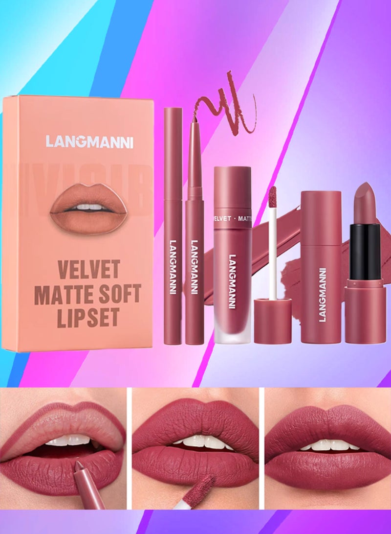 LANGMANNI مجموعة أحمر شفاه مات ناعم 3 في 1 - مجموعة قلم تحديد الشفاه، لامع شفاه سائل، وأحمر شفاه - مجموعة تأثير طويل الأمد ومقاومة للماء - مجموعة هدايا مكياج الشفاه الكل في واحد 05 - Image 1