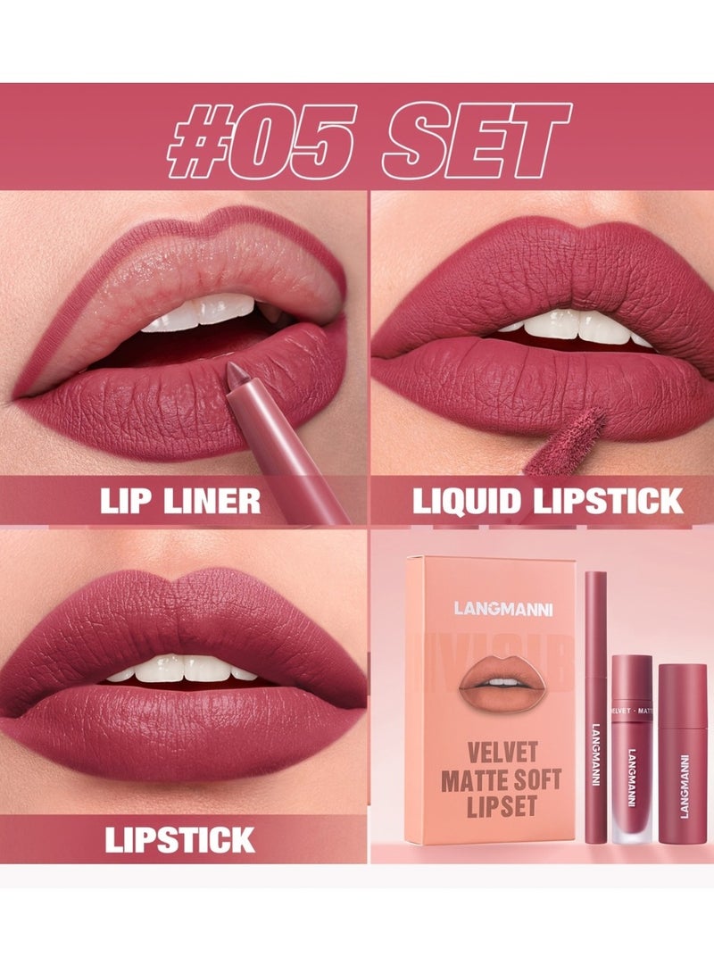 LANGMANNI مجموعة أحمر شفاه مات ناعم 3 في 1 - مجموعة قلم تحديد الشفاه، لامع شفاه سائل، وأحمر شفاه - مجموعة تأثير طويل الأمد ومقاومة للماء - مجموعة هدايا مكياج الشفاه الكل في واحد 05 - Image 2