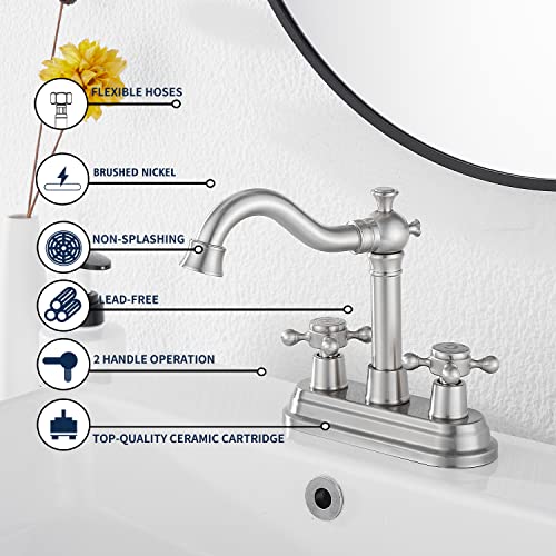 GGStudy Bathroom Faucet Brushed Nickel GGStudy 2 Handles 4 Inches Centerset Bathroom Vanity with Drain Assembly and Supply Hose Lavatory Mixer Double Handle Tap - Image 4