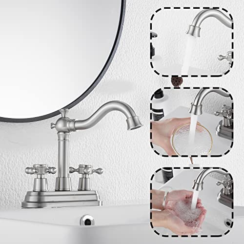 GGStudy Bathroom Faucet Brushed Nickel GGStudy 2 Handles 4 Inches Centerset Bathroom Vanity with Drain Assembly and Supply Hose Lavatory Mixer Double Handle Tap - Image 5