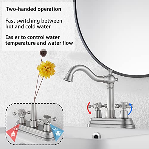 GGStudy Bathroom Faucet Brushed Nickel GGStudy 2 Handles 4 Inches Centerset Bathroom Vanity with Drain Assembly and Supply Hose Lavatory Mixer Double Handle Tap - Image 3