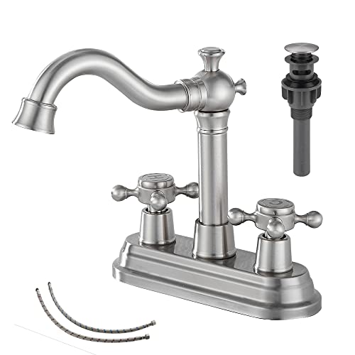 GGStudy Bathroom Faucet Brushed Nickel GGStudy 2 Handles 4 Inches Centerset Bathroom Vanity with Drain Assembly and Supply Hose Lavatory Mixer Double Handle Tap - Image 1