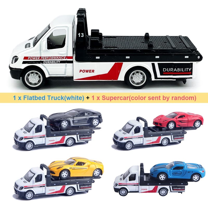 Metanyl Flatbed Truck Toy Rescue Tow Truck Transport Trailer Car Carrier Metal Diecast Pull Back Vehicles 2 in 1 Vehicle Playset Toy Trucks for Boys Kids Toddlers Birthday Gifts for Age 3 4 5 6  White - Image 3