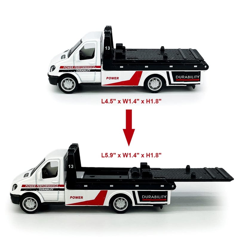 Metanyl Flatbed Truck Toy Rescue Tow Truck Transport Trailer Car Carrier Metal Diecast Pull Back Vehicles 2 in 1 Vehicle Playset Toy Trucks for Boys Kids Toddlers Birthday Gifts for Age 3 4 5 6  White - Image 5