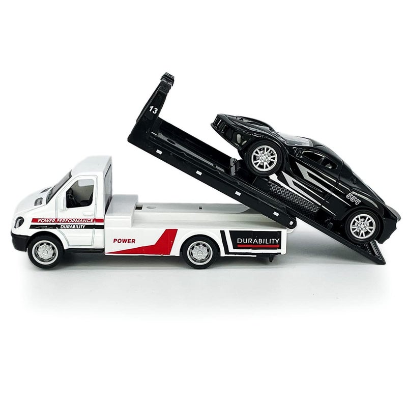 Metanyl Flatbed Truck Toy Rescue Tow Truck Transport Trailer Car Carrier Metal Diecast Pull Back Vehicles 2 in 1 Vehicle Playset Toy Trucks for Boys Kids Toddlers Birthday Gifts for Age 3 4 5 6  White - Image 4