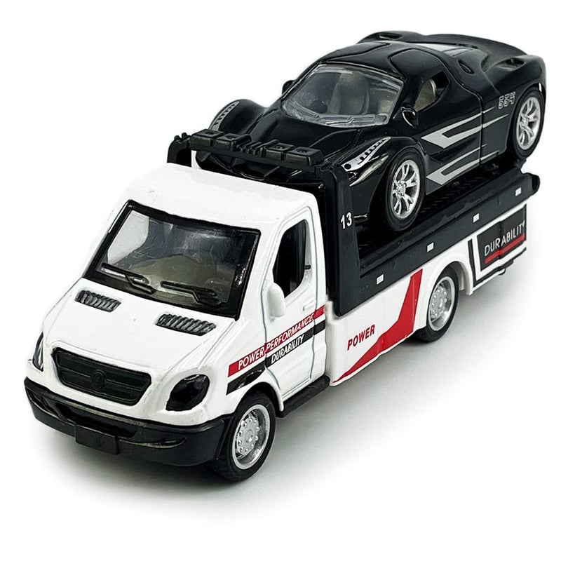 Metanyl Flatbed Truck Toy Rescue Tow Truck Transport Trailer Car Carrier Metal Diecast Pull Back Vehicles 2 in 1 Vehicle Playset Toy Trucks for Boys Kids Toddlers Birthday Gifts for Age 3 4 5 6  White - Image 2