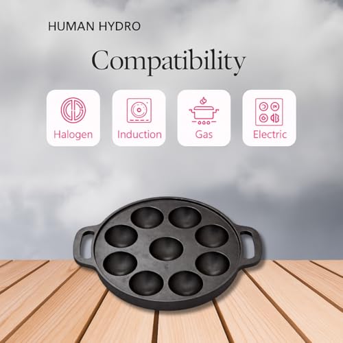 Human Hydro Cast Iron 9-Pit Paniyaram Pan (23CM) with Glass Lid & Wooden Spatula | Pre-Seasoned, Naturally Nonstick, Toxin-Free | Gas & Induction Compatible | Appam, Paddu & Paniyaram Maker - Image 3