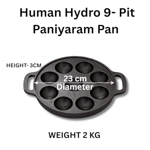 Human Hydro Cast Iron 9-Pit Paniyaram Pan (23CM) with Glass Lid & Wooden Spatula | Pre-Seasoned, Naturally Nonstick, Toxin-Free | Gas & Induction Compatible | Appam, Paddu & Paniyaram Maker - Image 2