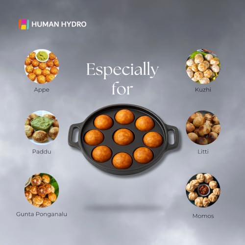 Human Hydro Cast Iron 9-Pit Paniyaram Pan (23CM) with Glass Lid & Wooden Spatula | Pre-Seasoned, Naturally Nonstick, Toxin-Free | Gas & Induction Compatible | Appam, Paddu & Paniyaram Maker - Image 4