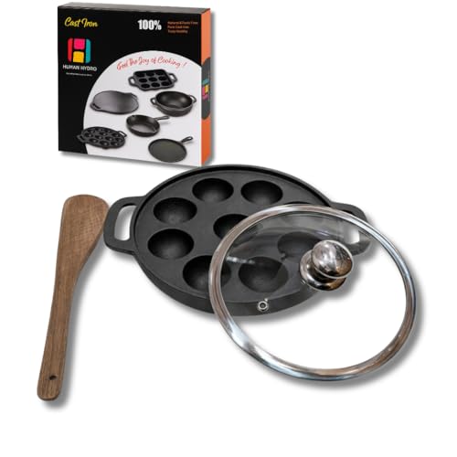 Human Hydro Cast Iron 9-Pit Paniyaram Pan (23CM) with Glass Lid & Wooden Spatula | Pre-Seasoned, Naturally Nonstick, Toxin-Free | Gas & Induction Compatible | Appam, Paddu & Paniyaram Maker - Image 1