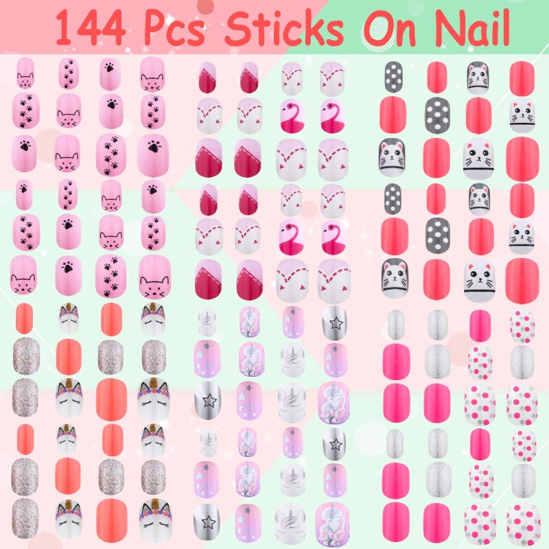 Thrilez 144 Pcs Thrilez Kids Press on Nails for Girls, Teens - Artificial Nail Tips, Pre Glue Full Cover Short Nails - Nail Art Decoration (Pink Series) - Image 3
