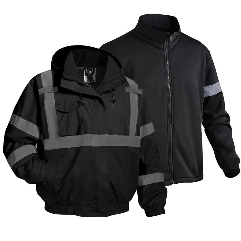 DPSAFETY 3 in 1 Safety jacket,Reflective high Visibility Hooded jacket,Hi Vis Bomber Jacket shell and fleece lining,Waterproof,ANSI Class 3 Black,Large - Image 1