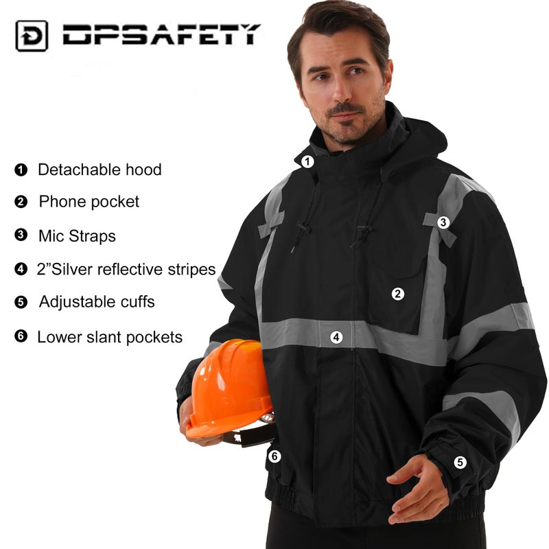 DPSAFETY 3 in 1 Safety jacket,Reflective high Visibility Hooded jacket,Hi Vis Bomber Jacket shell and fleece lining,Waterproof,ANSI Class 3 Black,Large - Image 4