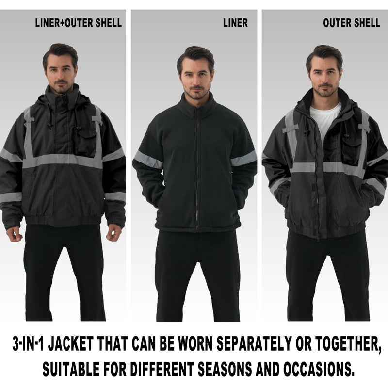 DPSAFETY 3 in 1 Safety jacket,Reflective high Visibility Hooded jacket,Hi Vis Bomber Jacket shell and fleece lining,Waterproof,ANSI Class 3 Black,Large - Image 5