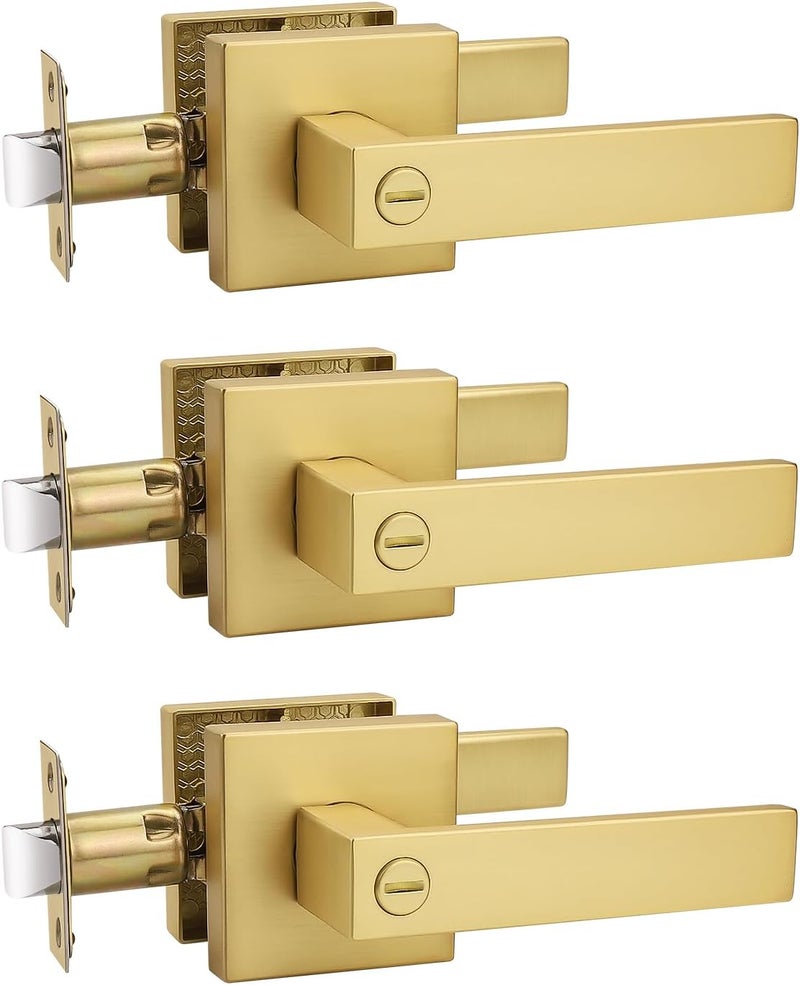 Tinewa 3 Pack Heavy Duty Gold Square Privacy Interior Door Levers, Satin Brass Finish, Bedroom and Bathroom Door Handles Keyless Bed/Bath Lockset - Image 1