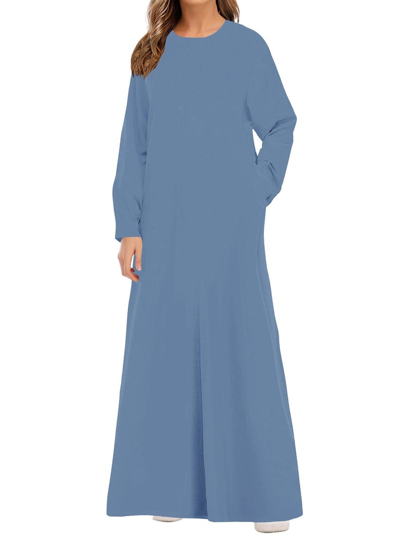 Solid Color Zipper Abaya Muslim Dresses for Women Girls Pockets Islamic Prayer Clothes - Image 1